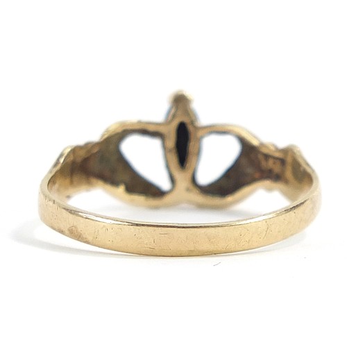 1944 - 9ct gold Claddagh ring set with a sapphire, size O, 1.4g