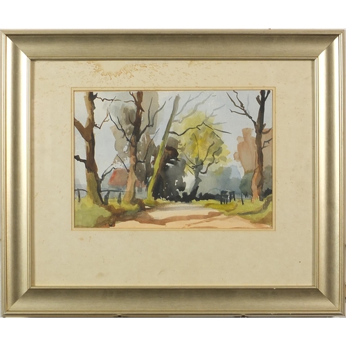 1316 - After Edward Wesson - Rural Sussex landscape, watercolour, inscribed in pencil verso, mounted, frame... 