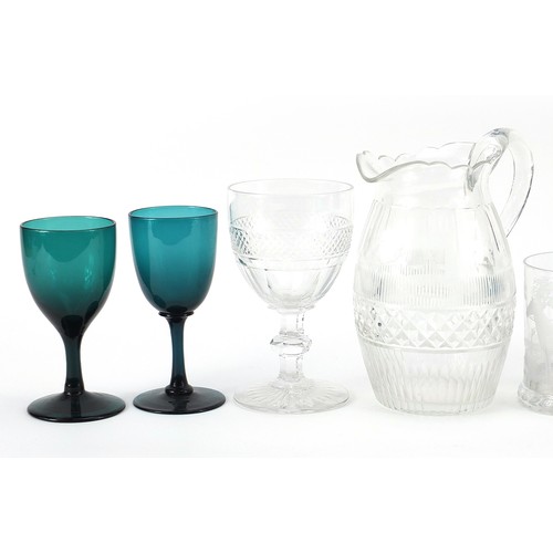 1300 - 19th century and later glassware including a Georgian water jug, four green drinking glasses and a m... 