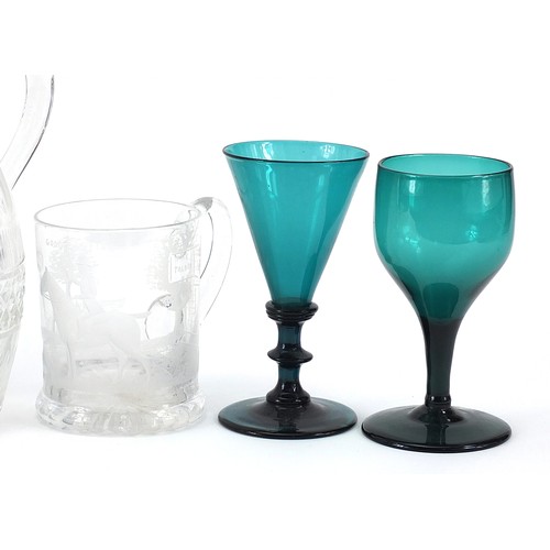 1300 - 19th century and later glassware including a Georgian water jug, four green drinking glasses and a m... 