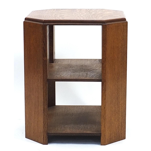 858A - Art Deco oak three tier side table with canted corners, 56cm high x 45.5cm in diameter