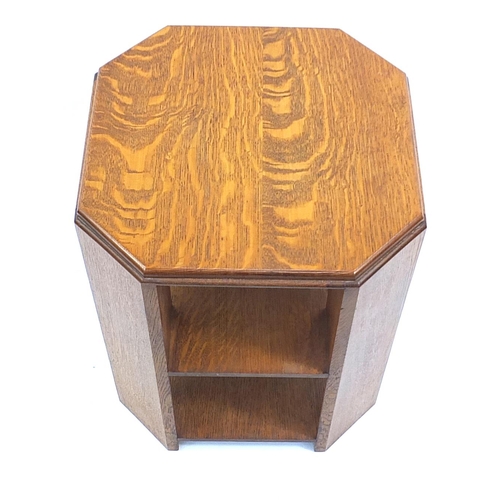 858A - Art Deco oak three tier side table with canted corners, 56cm high x 45.5cm in diameter