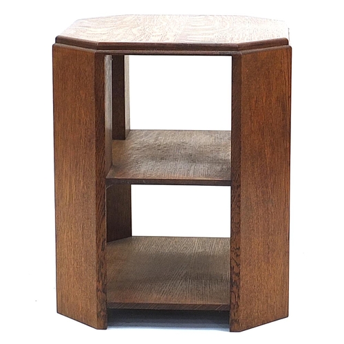 858A - Art Deco oak three tier side table with canted corners, 56cm high x 45.5cm in diameter