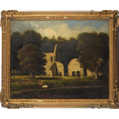 1099 - Cattle grazing before buildings and trees, 19th century English school oil on canvas, inscribed J Li... 