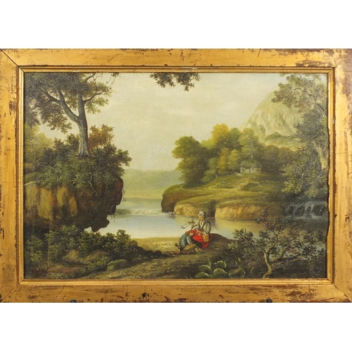 1074 - Two figures before water, Italian School oil on board, framed, 45.5cm x 31cm excluding the frame