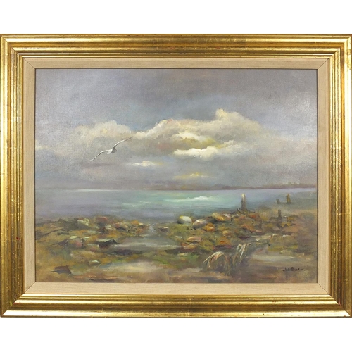 1123 - Storm over Harbour, oil on board, mounted and framed, 48cm x 35cm excluding the frame