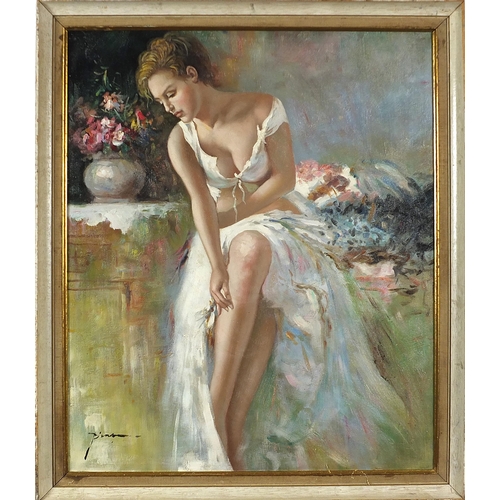 682 - Manner of Pino Daeni - Female wearing a dress, Italian school oil on board, mounted and framed, 60cm... 