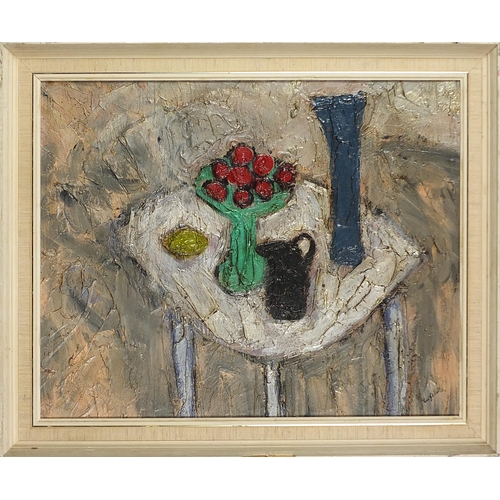 658 - Still life vessels on a table, Russian school impasto oil on board, mounted and framed, 55cm x 44cm ... 