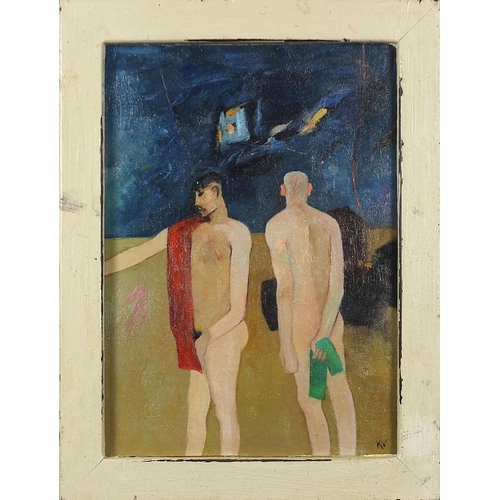 1313 - Manner of Keith Vaughan - Two nude males, oil on board, framed, 40cm x 29cm excluding the frame