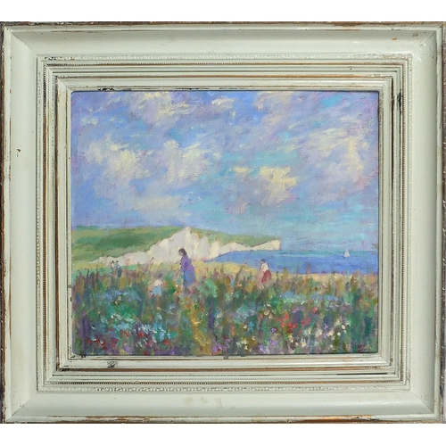 117 - Manner of Paul Maze - Coastal scene with figures before cliffs, Impressionist oil on board, mounted ... 