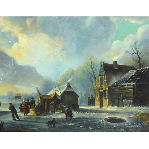 924 - Winter landscape with figures before houses, Dutch school oil on board, mounted and framed, 48cm x 3... 