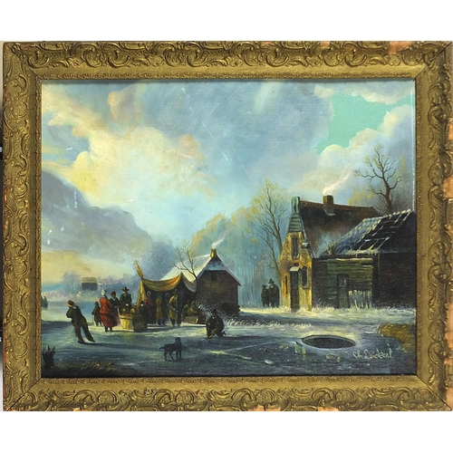 924 - Winter landscape with figures before houses, Dutch school oil on board, mounted and framed, 48cm x 3... 