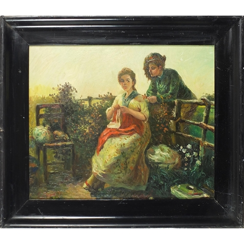 1245 - Two figures in a garden, oil on board, framed, 52.5cm x 42cm excluding the mount and frame