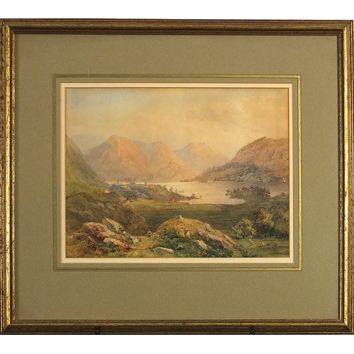 373 - E Drayton - Mountainous landscape with sheep, 19th century watercolour, mounted, framed and glazed, ... 