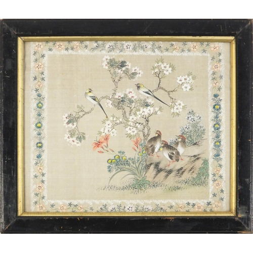 635 - Quails amongst flowers and blossoming trees, Chinese watercolour on silk, mounted, framed and glazed... 