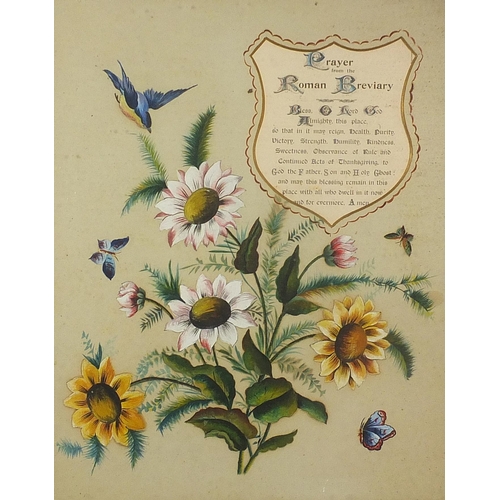 765 - Birds amongst flowers and prayer from the Roman Breviary, watercolour and gouache, mounted, framed a... 