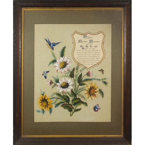 765 - Birds amongst flowers and prayer from the Roman Breviary, watercolour and gouache, mounted, framed a... 