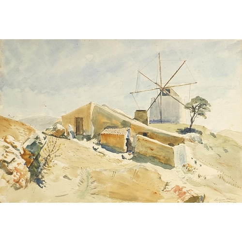 1224 - Russell Sidney Reeve - Figure before buildings and windmill, ink and watercolour, indistinctly inscr... 