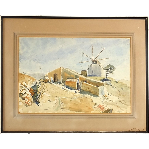 1224 - Russell Sidney Reeve - Figure before buildings and windmill, ink and watercolour, indistinctly inscr... 