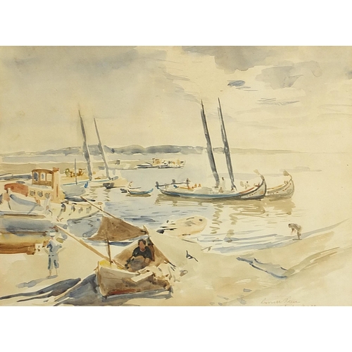 1223 - Russell Sidney Reeve - Moored boats with figures, ink and watercolour, indistinctly inscribed in ink... 