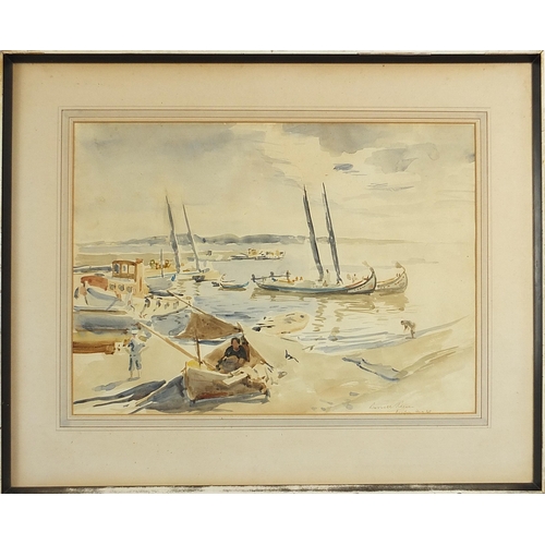 1223 - Russell Sidney Reeve - Moored boats with figures, ink and watercolour, indistinctly inscribed in ink... 