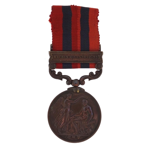 2287 - Victorian British military India General Service medal with Kachin Hills 1892-93 bar, unnamed