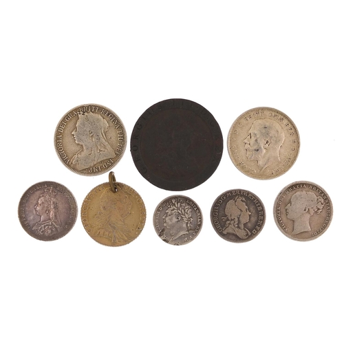 1577 - George III and later silver and copper coinage including 1787 shilling and 1723 sixpence, 73.g