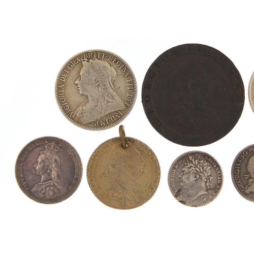 1577 - George III and later silver and copper coinage including 1787 shilling and 1723 sixpence, 73.g