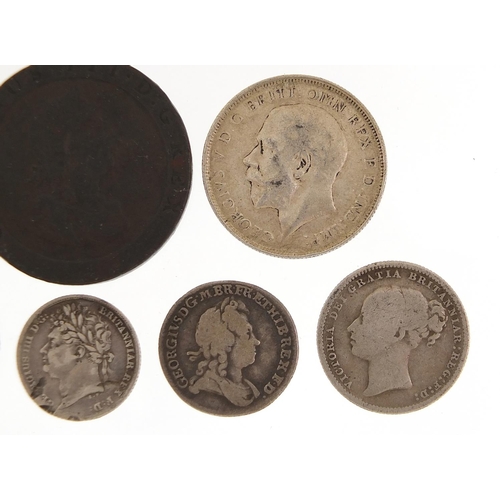 1577 - George III and later silver and copper coinage including 1787 shilling and 1723 sixpence, 73.g