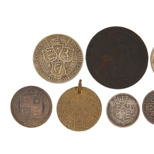 1577 - George III and later silver and copper coinage including 1787 shilling and 1723 sixpence, 73.g