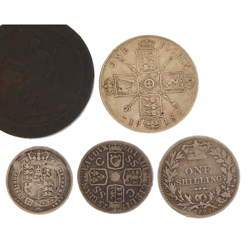 1577 - George III and later silver and copper coinage including 1787 shilling and 1723 sixpence, 73.g