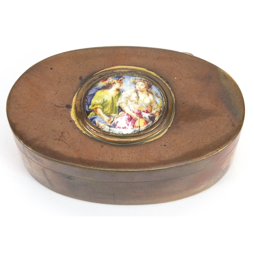 304 - 19th century oval copper box with hinged lid having an inset enamel panel hand painted with two figu... 