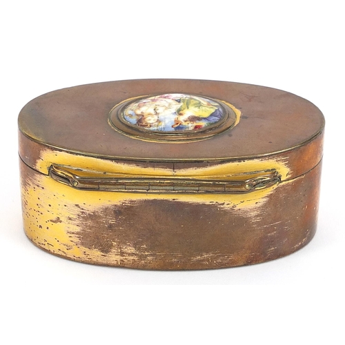 304 - 19th century oval copper box with hinged lid having an inset enamel panel hand painted with two figu... 