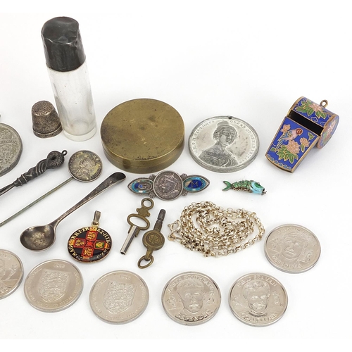 667 - Objects including silver thimble, silver and enamel commemorative brooch, cloisonne whistle and Vict... 