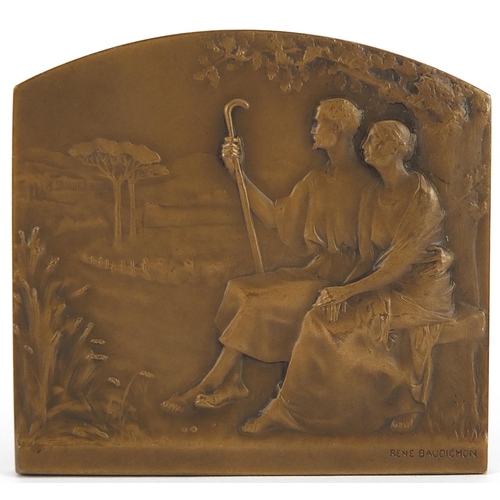 1612 - Rene Baudichon, French Art Nouveau bronze double sided plaque of a couple and a nude young female, 7... 