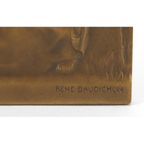 1612 - Rene Baudichon, French Art Nouveau bronze double sided plaque of a couple and a nude young female, 7... 