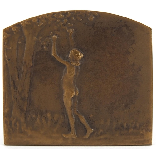 1612 - Rene Baudichon, French Art Nouveau bronze double sided plaque of a couple and a nude young female, 7... 