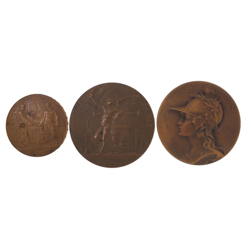 1609 - Three French patinated bronze medals including 1900 French Exposition by Auguste Patey and one other... 