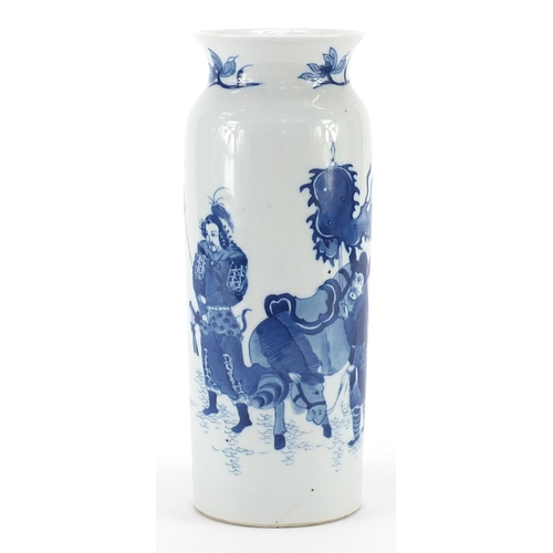 944 - Chinese blue and white porcelain vase hand painted with an Emperor with attendant and horse in a lan... 