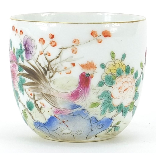 1007 - Chinese porcelain cup hand painted in the famille rose palette with a cockerel amongst flowers, four... 