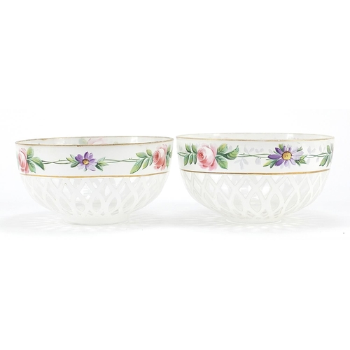 272A - Pair of Bohemian white overlaid glass bowls with saucers, hand painted with flowers, each saucer 16.... 