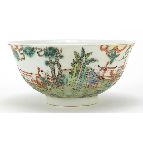 1168 - Chinese porcelain bowl hand painted in the famille verte palette with children playing in a garden s... 