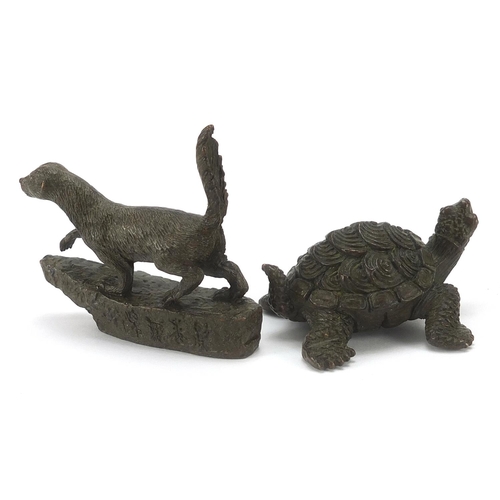 1013 - Japanese patinated bronze tortoise and weasel, impressed marks to the base of each, the largest 7cm ... 