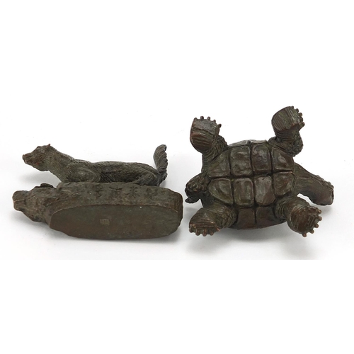 1013 - Japanese patinated bronze tortoise and weasel, impressed marks to the base of each, the largest 7cm ... 