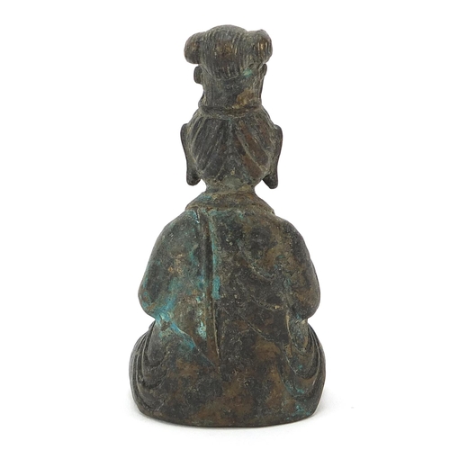 628 - Chinese patinated bronze figure of a seated deity, 9cm high