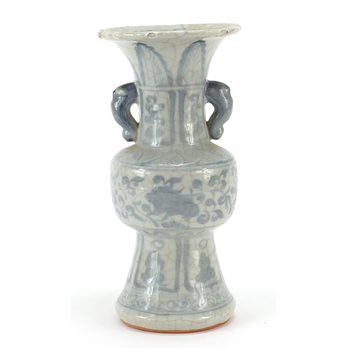 608 - Chinese porcelain archaic style vase with twin handles hand painted with flowers, 24.5cm high