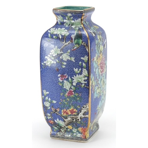 1158 - Large Chinese porcelain square section vase decorated with birds of paradise amongst flowers, four f... 