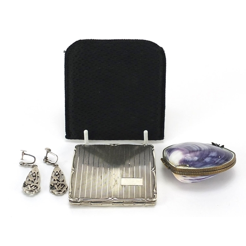 645 - Jewellery and objects comprising pair of silver marcasite drop earrings, white metal compact and she... 