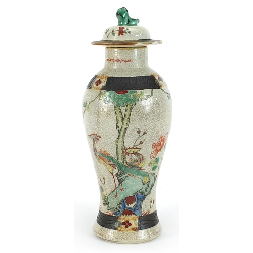 1264 - Chinese crackle glaze baluster vase and cover hand painted in the famille verte palette a phoenix in... 