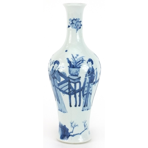 229 - Chinese blue and white porcelain vase hand painted with figures in a palace setting, six figure char... 